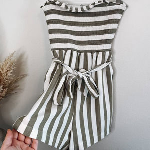 American Eagle Olive Green and White Stripe Strapless Belted Romper Size Small